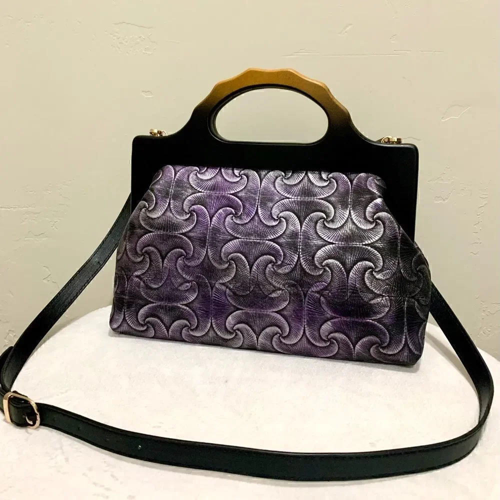 Handmade Genuine Embossed Leather Gradient Metallic Wooden Frame Bag/Crossbody